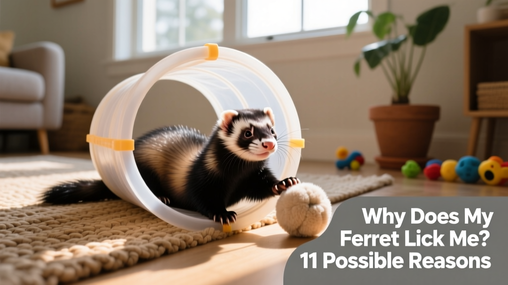 Happy ferret playing with a tunnel toy and plush ball, showing relaxed body language