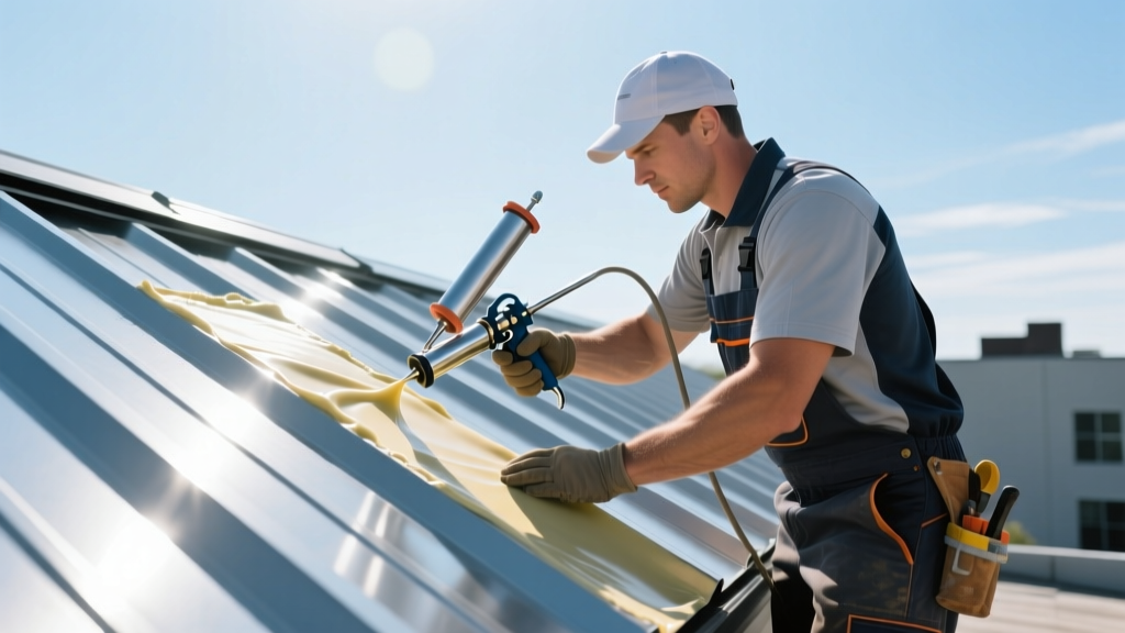 Roofing contractor applying specialized sealant to a standing seam metal roof panel with a caulking gun on a bright sunny day