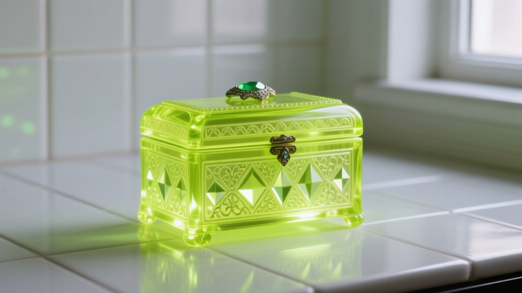 Glowing yellow-green uranium glass jewelry box under a 365nm UV blacklight highlighting the intricate antique vintage glass detail