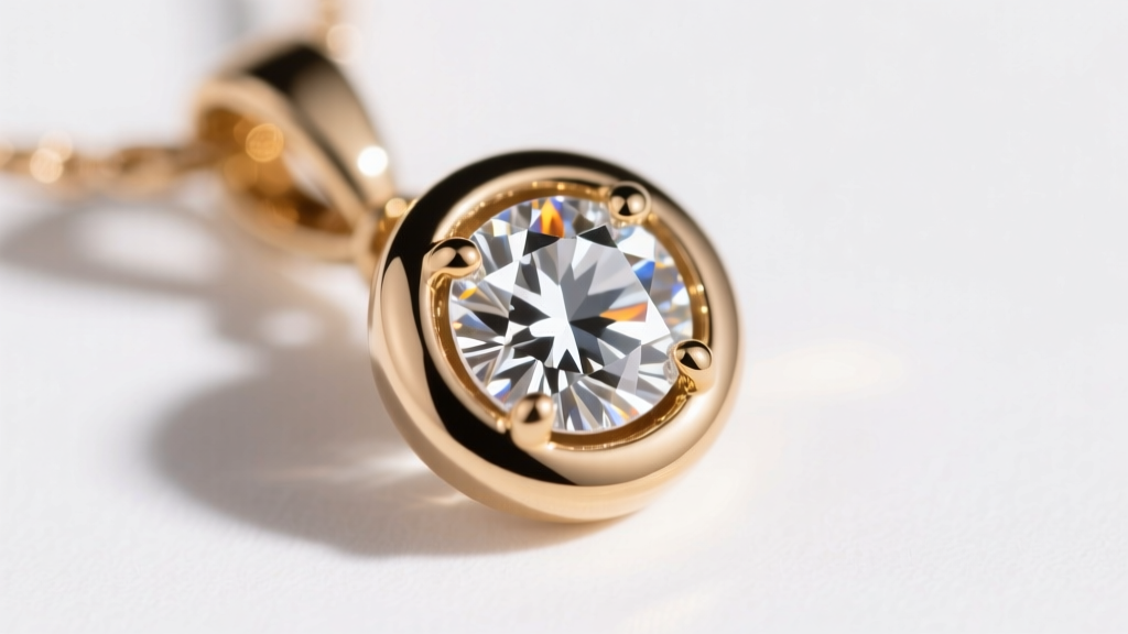 Close-up of a micro-bezel set diamond pendant on a Gabriella Rose necklace, showing the flush metal rim securing a 0.10ct stone.