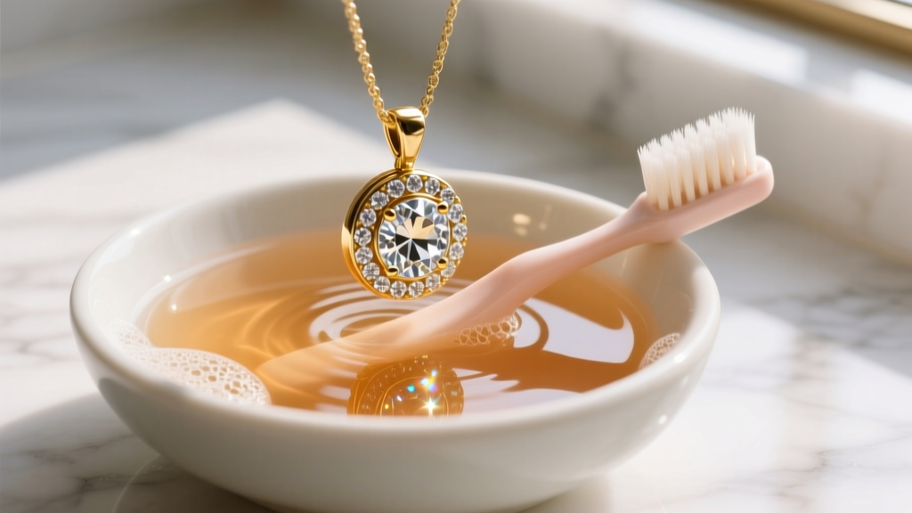 A soft baby toothbrush gently scrubbing the underside of a diamond-encrusted gold pendant in a bowl of warm, mild soapy water.