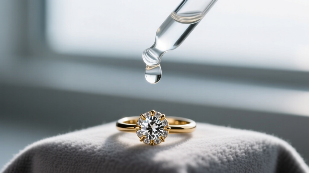 Clear isopropyl alcohol dropping from a glass pipette onto a 14k gold diamond ring resting on a soft grey microfiber cloth.