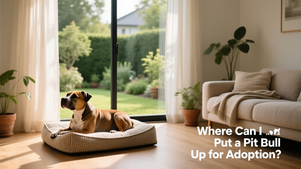A serene, sunlit living room scene with a Pit Bull resting comfortably on a dog bed beside a window, looking content and at ease
