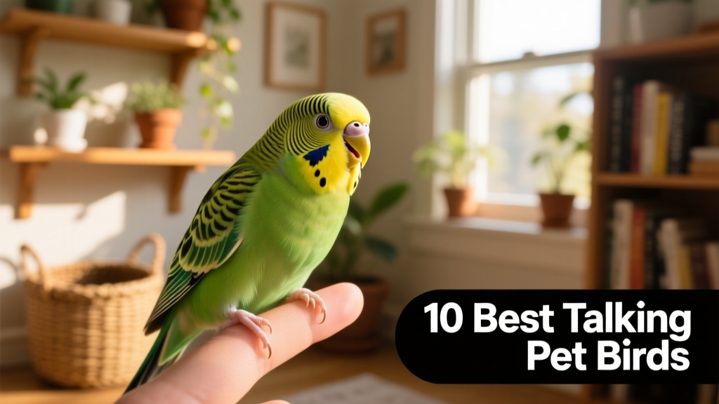 A cheerful budgie perched on a finger, head tilted curiously, with soft green plumage