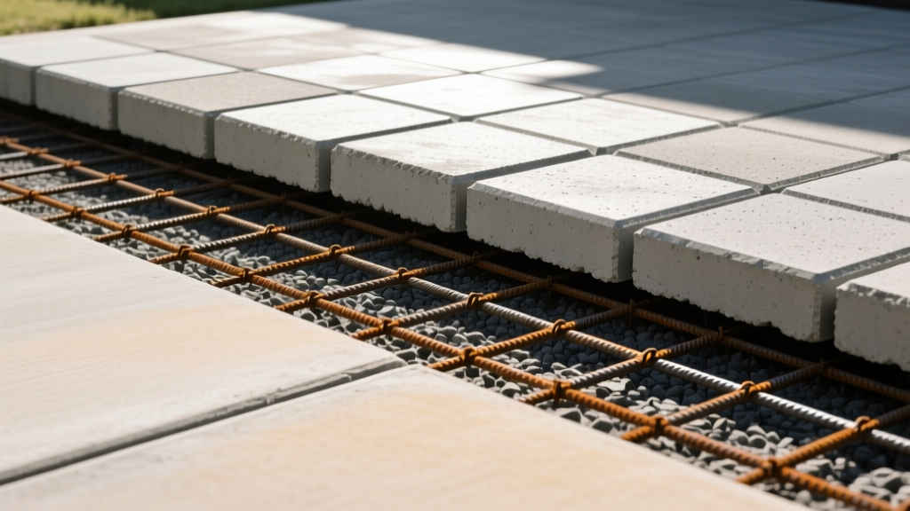 Cross-section of interlocking concrete pavers on aggregate base beside a poured concrete driveway slab with steel rebar grid