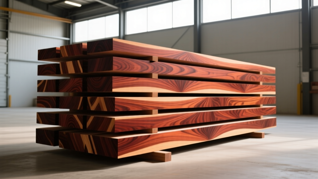 Stacked Honduran mahogany lumber boards showing rich reddish-brown heartwood and interlocking grain in a modern warehouse