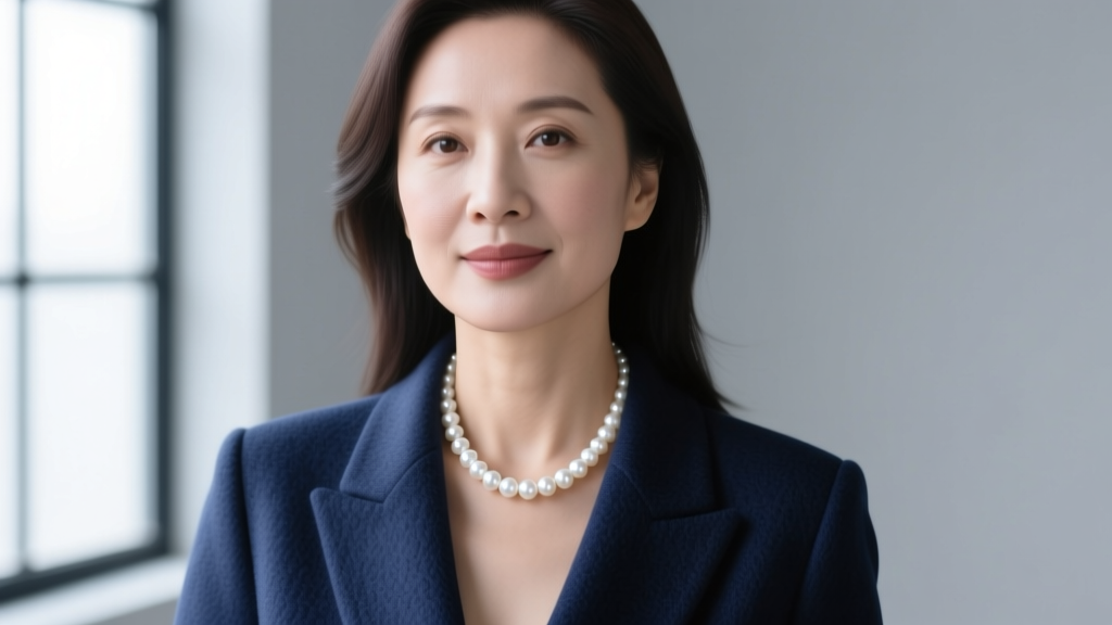 Close-up portrait of a professional woman in a navy blazer wearing a glowing 18-inch single strand of white Akoya pearls.