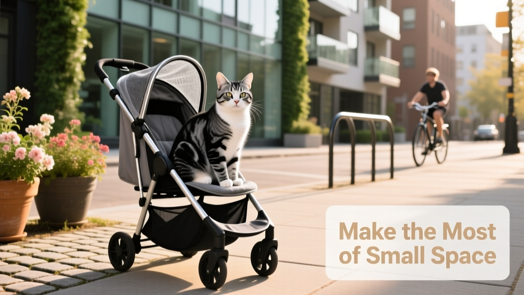 A cat comfortably seated in a compact, stylish stroller on a sunny city sidewalk