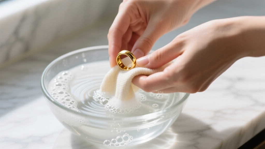 Hands gently washing a gold vermeil ring in a glass bowl of lukewarm soapy water using a soft microfiber cloth in bright lighting