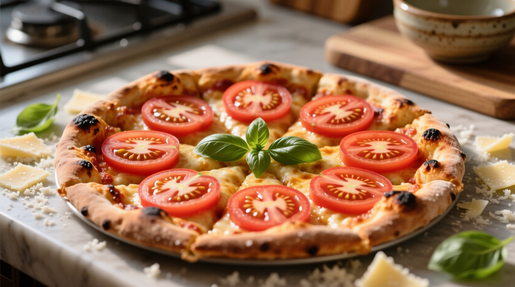 Fresh tomato slices arranged on pizza crust
