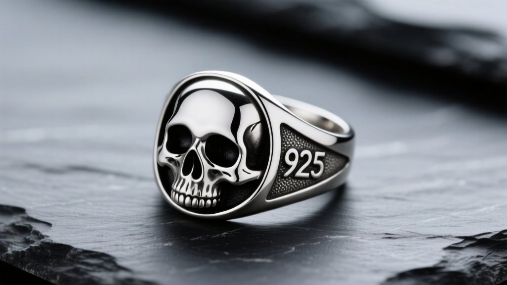 Macro shot of a 925 sterling silver signet ring with an oxidized skull motif and matte sandblasted edges resting on dark slate