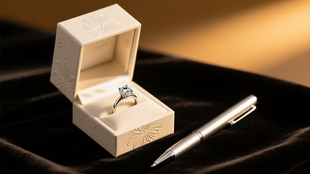 Close-up of a gift box containing a diamond ring and a sleek jewelry cleaning pen, resting on dark velvet with warm lighting.