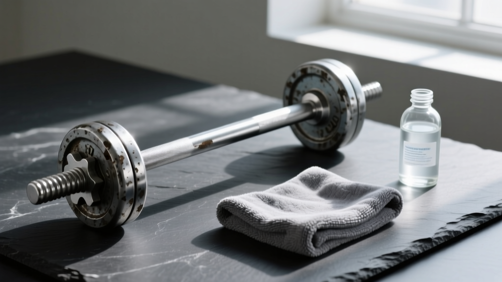 Oxidized silver industrial barbell on dark slate beside a folded microfiber cloth and a small glass bottle of sterile saline.