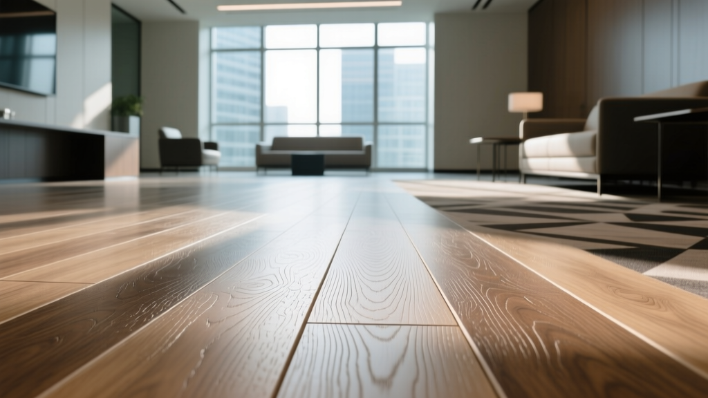 Close-up of commercial luxury vinyl plank flooring with a thick wear layer being inspected in a modern high-traffic corporate office lobby