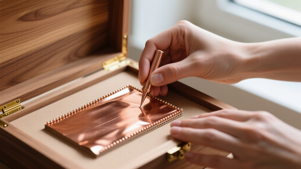 Hands applying copper anti-tarnish fabric over an MDF sub-panel using adhesive inside a partially built wooden jewelry box.