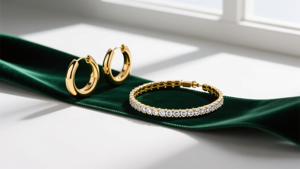 Flat lay of 14k gold huggie hoops and a delicate diamond tennis bracelet resting on dark emerald green velvet holiday ribbon