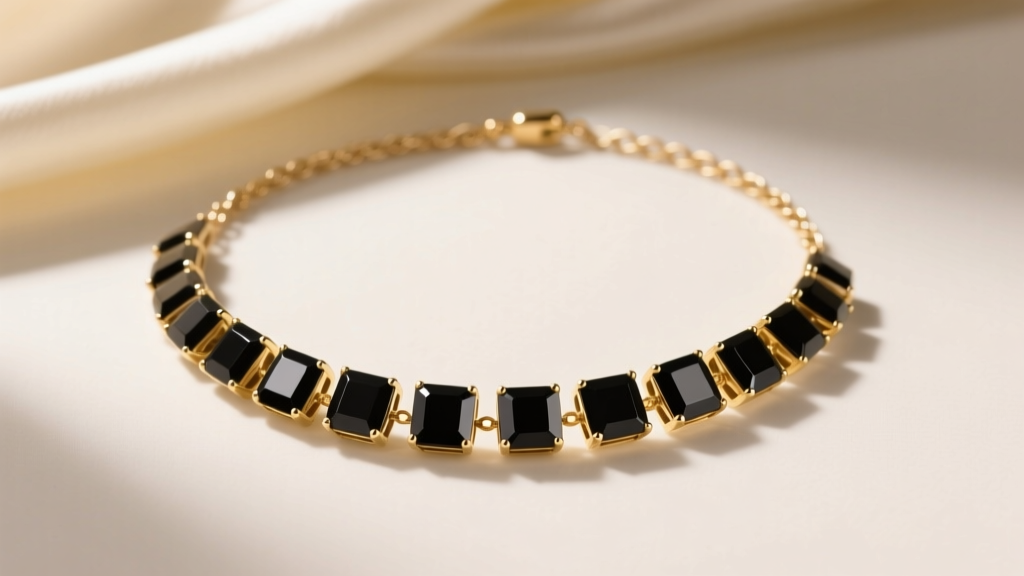 Gold necklace with square black onyx beads on cream silk, soft lighting highlighting the geometric facets and delicate chain links
