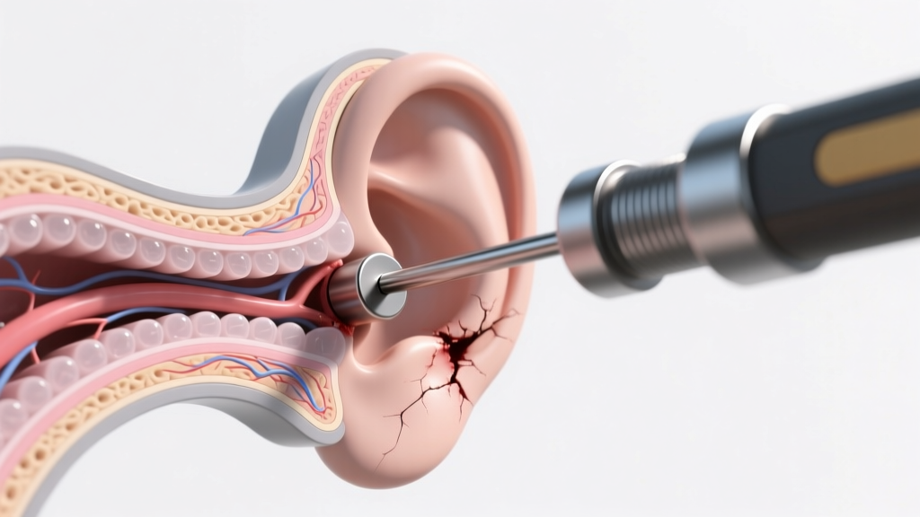 3D render showing an anatomical cross-section of ear cartilage experiencing blunt force trauma from a thick piercing gun stud.