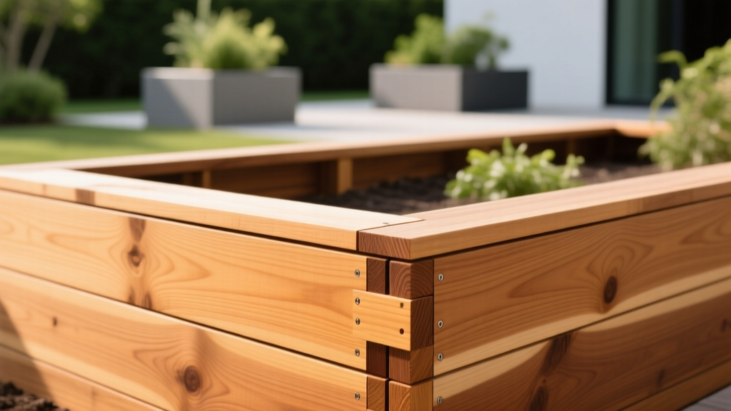 Close-up of interlocking cedar wood panels on a modular raised garden bed showing the tool-free assembly corner joints.