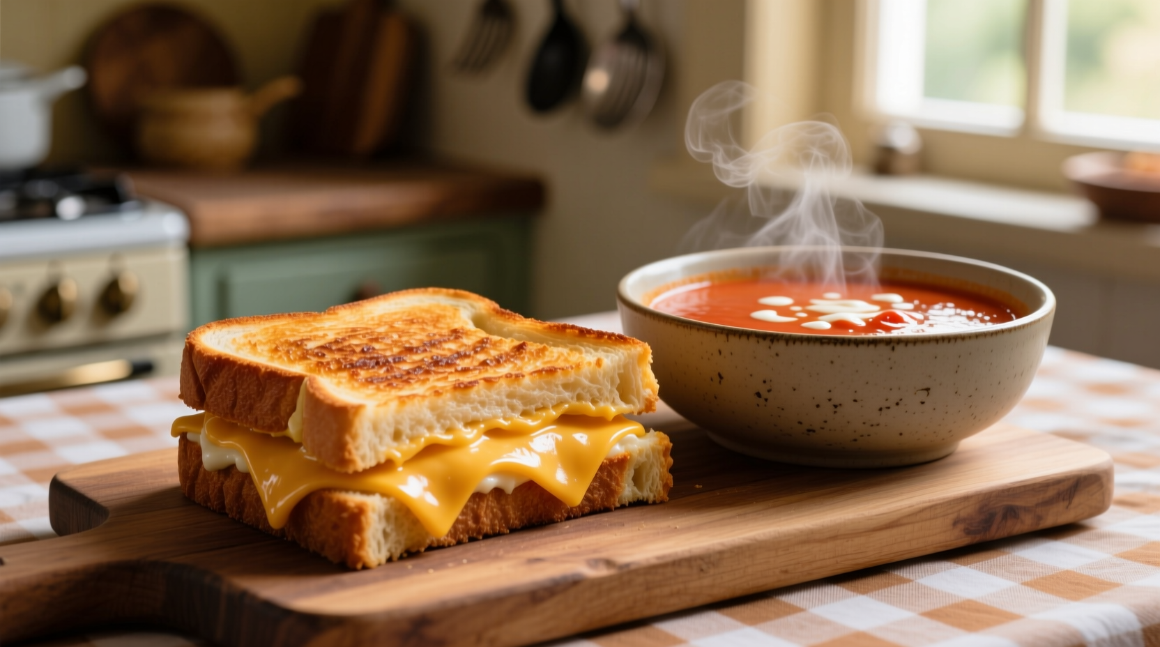 Perfect golden grilled cheese sandwich with tomato soup