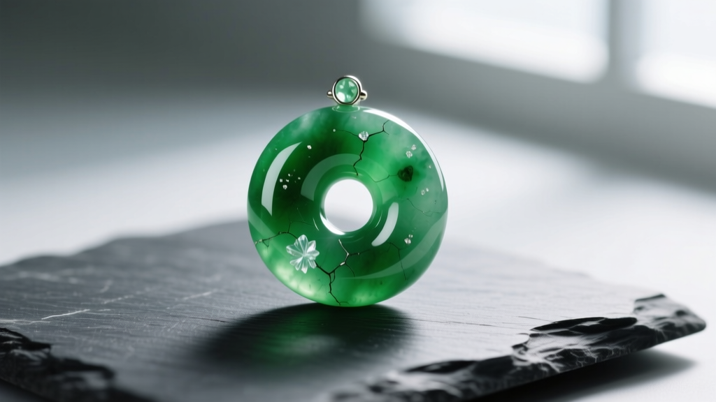 A polished green jadeite donut pendant resting on dark slate, lit to reveal internal inclusions and a glossy surface finish.