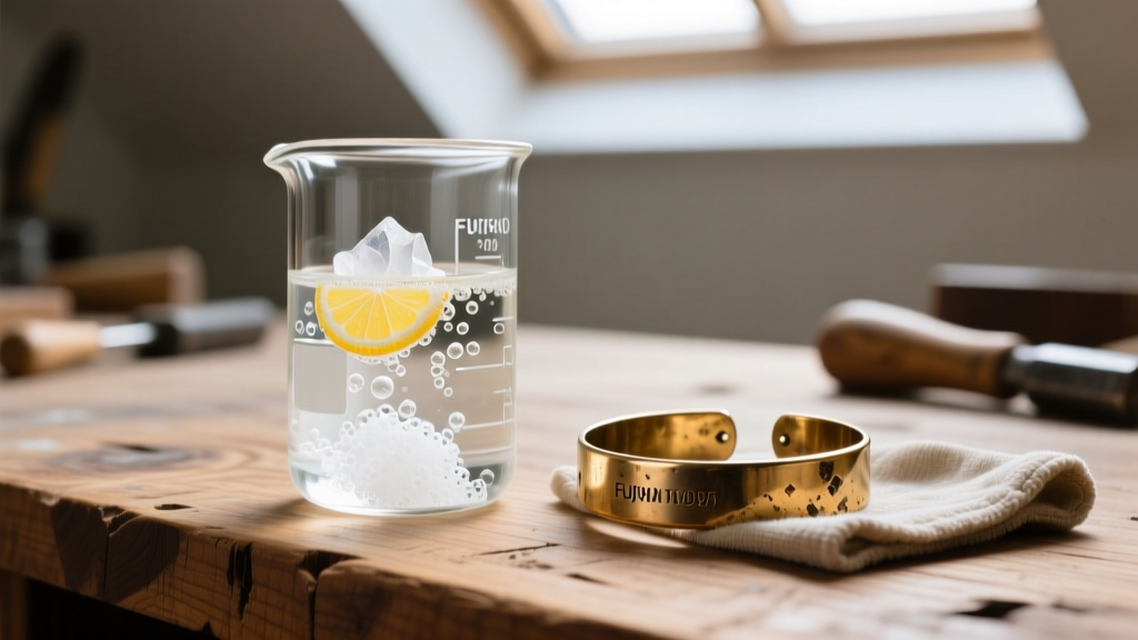 Beaker with citric acid and a tarnished brass cuff bracelet undergoing chemical cleaning on a wooden jeweler's workbench.