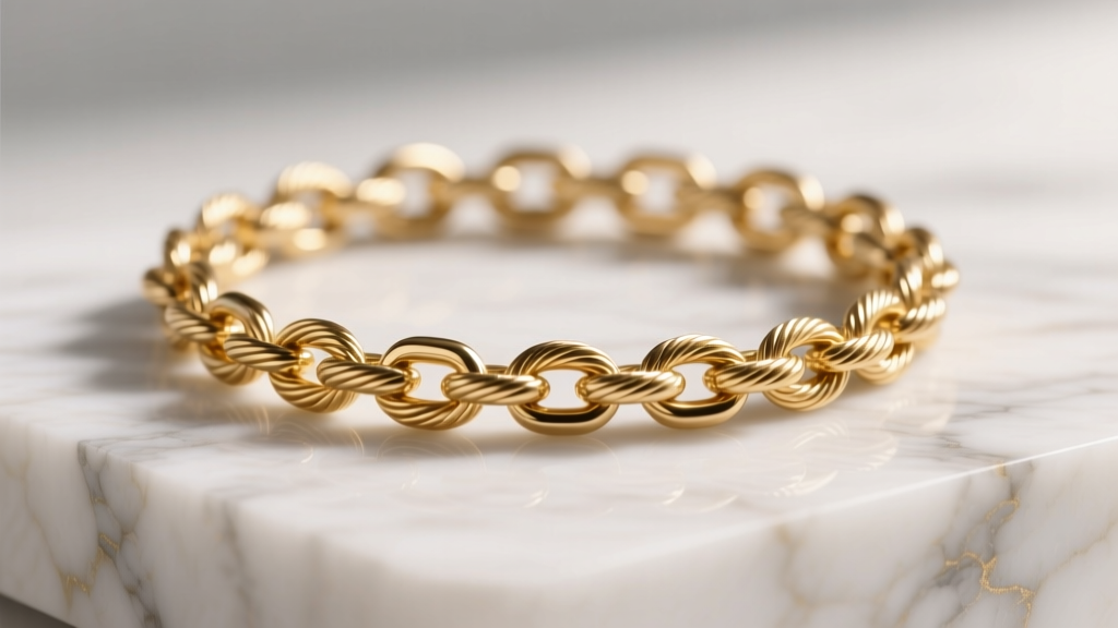 Macro shot of a 0.8mm 14k gold cable chain on marble, showing precise link soldering under soft, diffused studio lighting