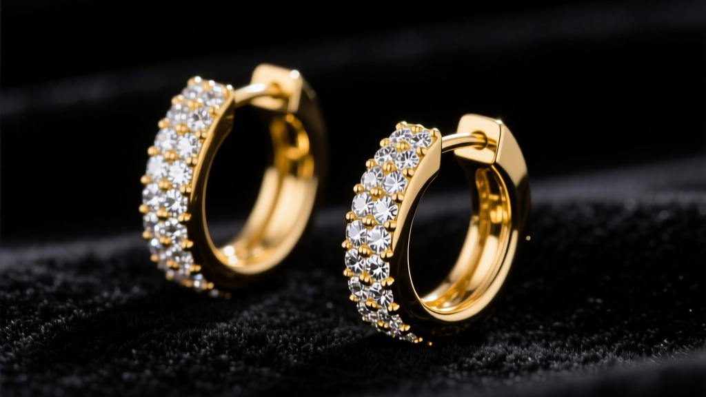 Macro shot of 14k yellow gold huggie earrings with intricate micro-pave diamond settings, studio lit on dark velvet background.