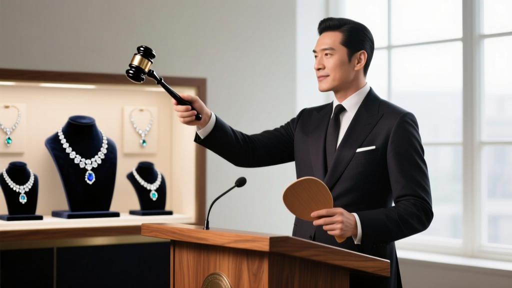 Auctioneer at a polished wooden rostrum pointing a gavel toward a paddle, with blurred high-end diamond necklaces displayed behind
