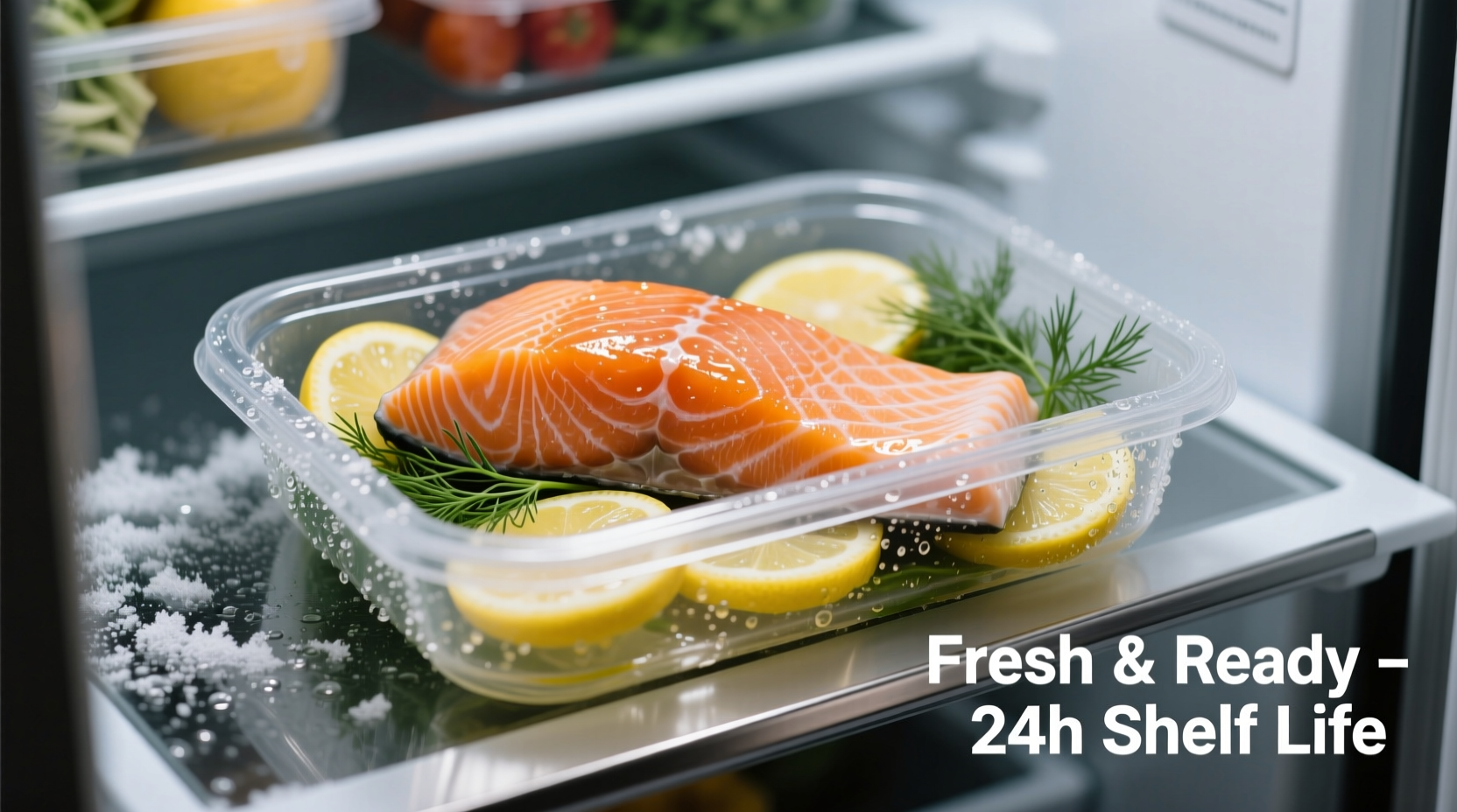 Cooked salmon in airtight container with refrigerator