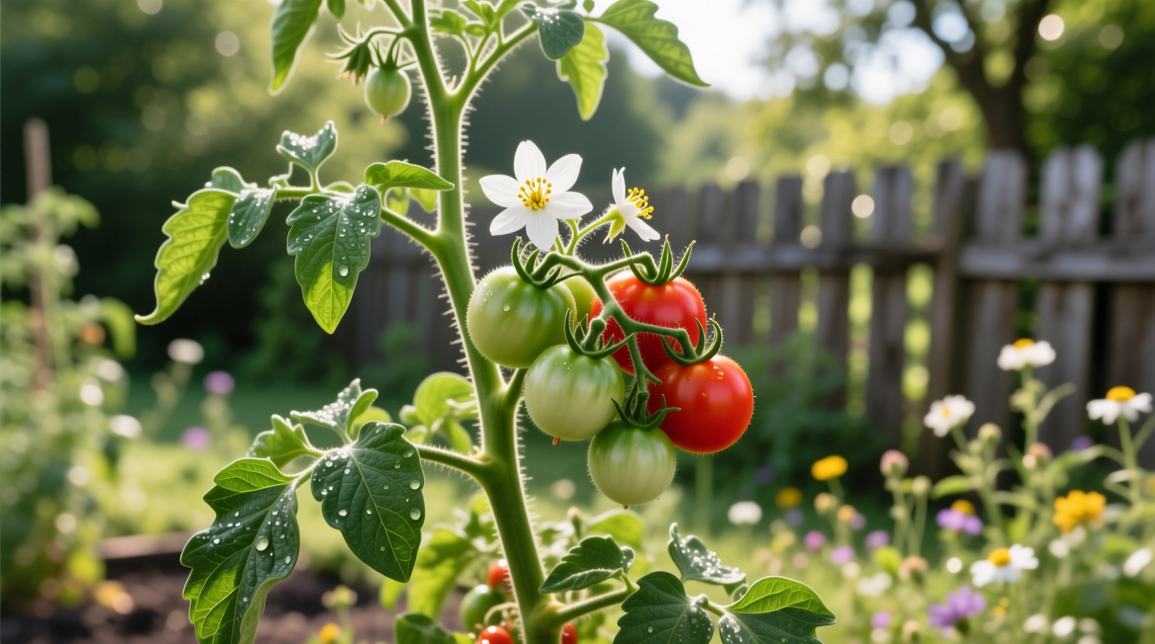 Tomato plant with flowers and fruit in garden setting