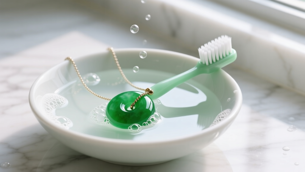 A soft baby toothbrush gently cleaning a green jade pendant necklace in a bowl of lukewarm soapy water, bright clean aesthetic