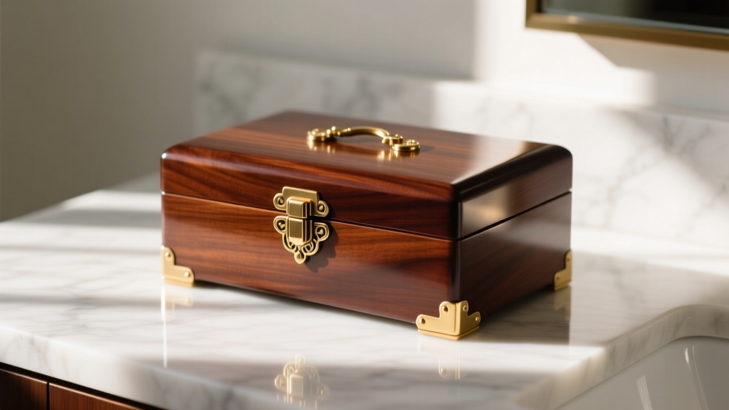 Close-up of an elegant mahogany trinket jewelry box with brass hinges sitting on a marble vanity, softly lit by morning sunlight.