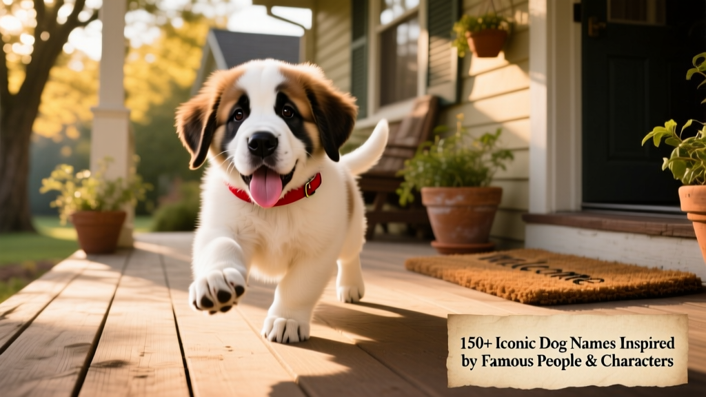 A playful Saint Bernard puppy wearing a tiny red collar, reminiscent of Beethoven