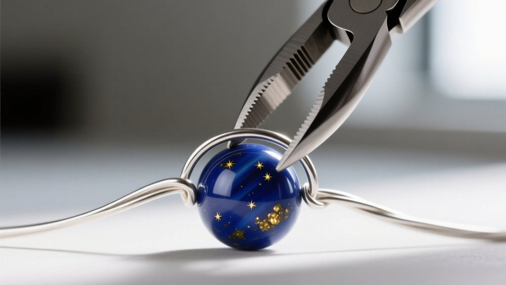 Close-up of 20-gauge half-hard sterling silver wire being looped through a polished lapis lazuli bead with round-nose pliers.