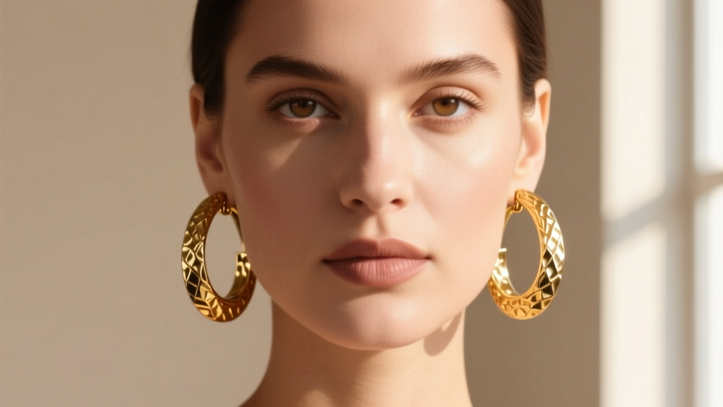 Close-up portrait of a woman wearing textured 14k gold hammered hoop earrings, catching warm sunlight against a neutral beige background