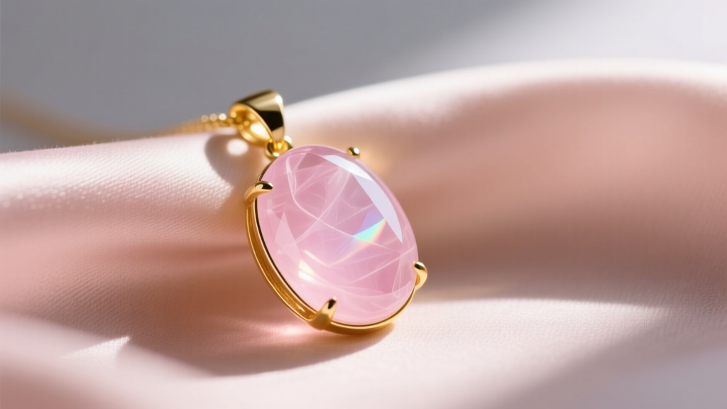 Close-up of a smooth translucent cabochon rose quartz pendant set in a 14k yellow gold bezel resting on soft blush silk fabric.