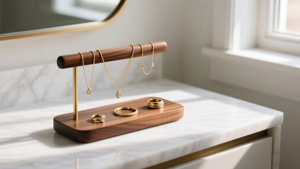 Solid walnut wood jewelry holder on a white marble vanity, displaying delicate gold necklaces and rings under soft morning light.