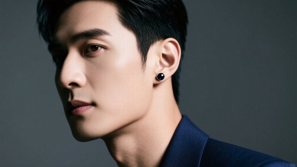 Close-up portrait of a stylish man with a subtle black onyx stud in his left ear lobe, moody studio lighting, sharp jawline focus.
