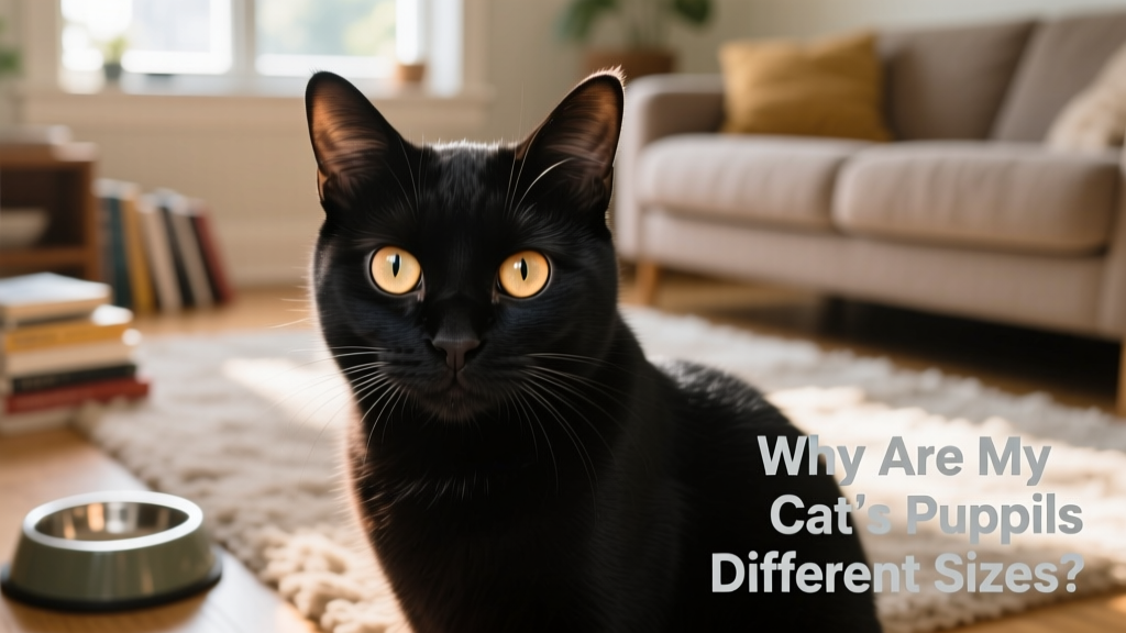 Happy, healthy cat looking directly at the camera with both pupils evenly sized and responsive to light