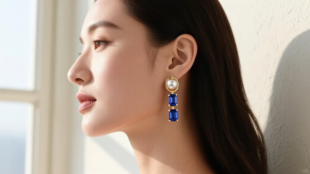Side profile of a woman wearing delicate white gold huggie earrings with alternating white diamond and blue sapphire baguette stones