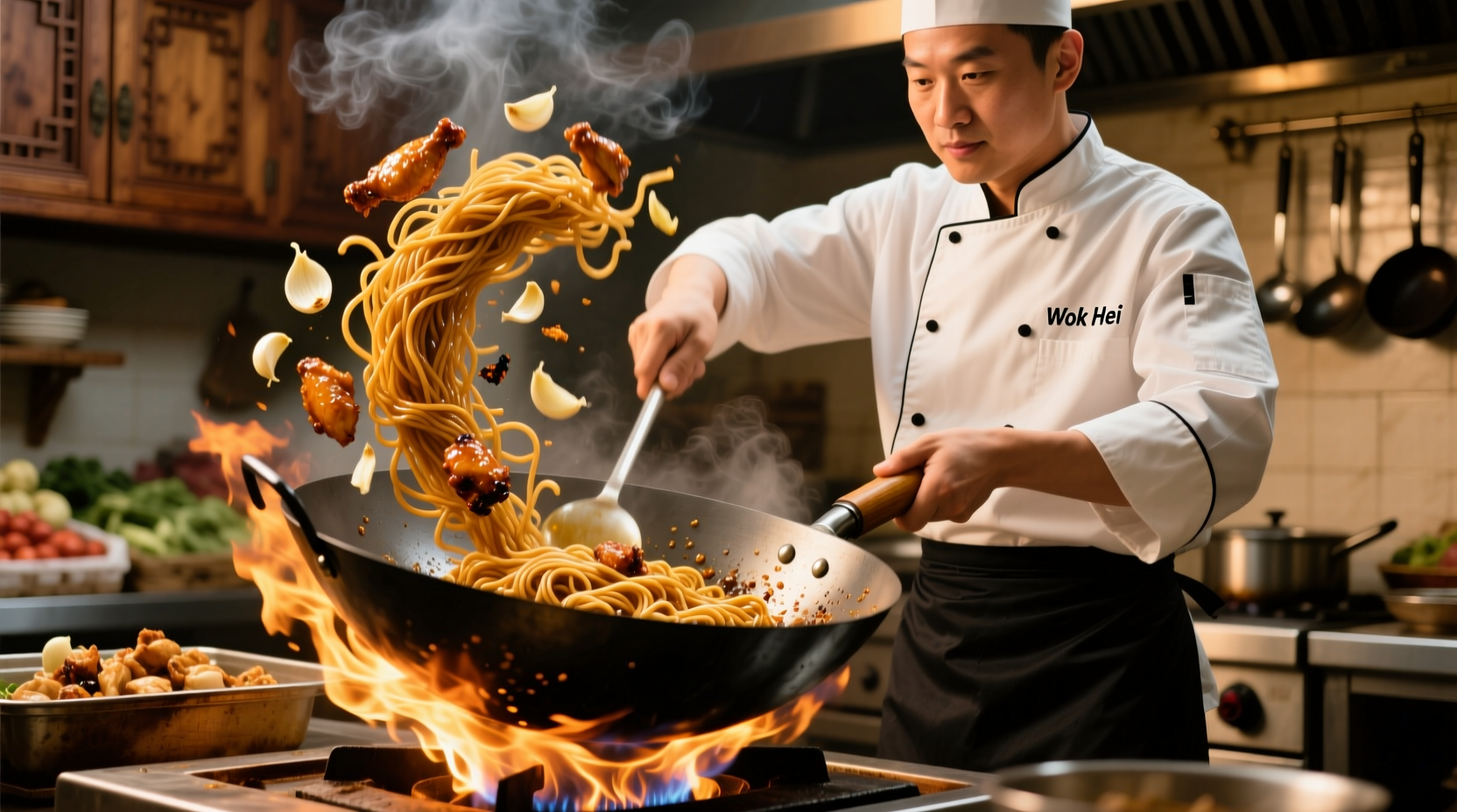 Chef stir-frying garlic chicken noodles in a traditional wok