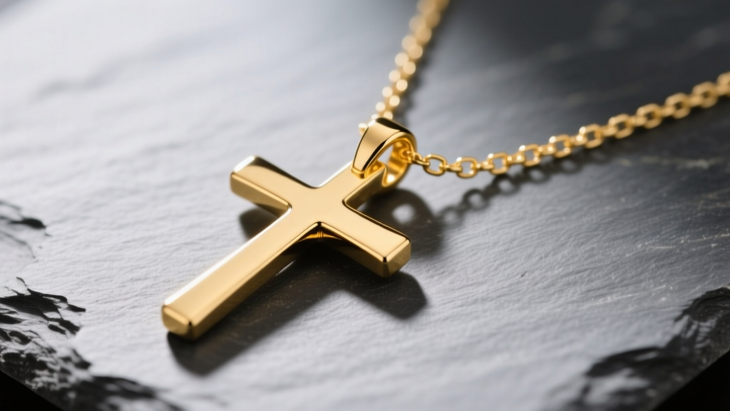 Close-up of a 14k yellow gold sideways cross necklace on slate, highlighting the horizontal bail and delicate 1mm box chain links.