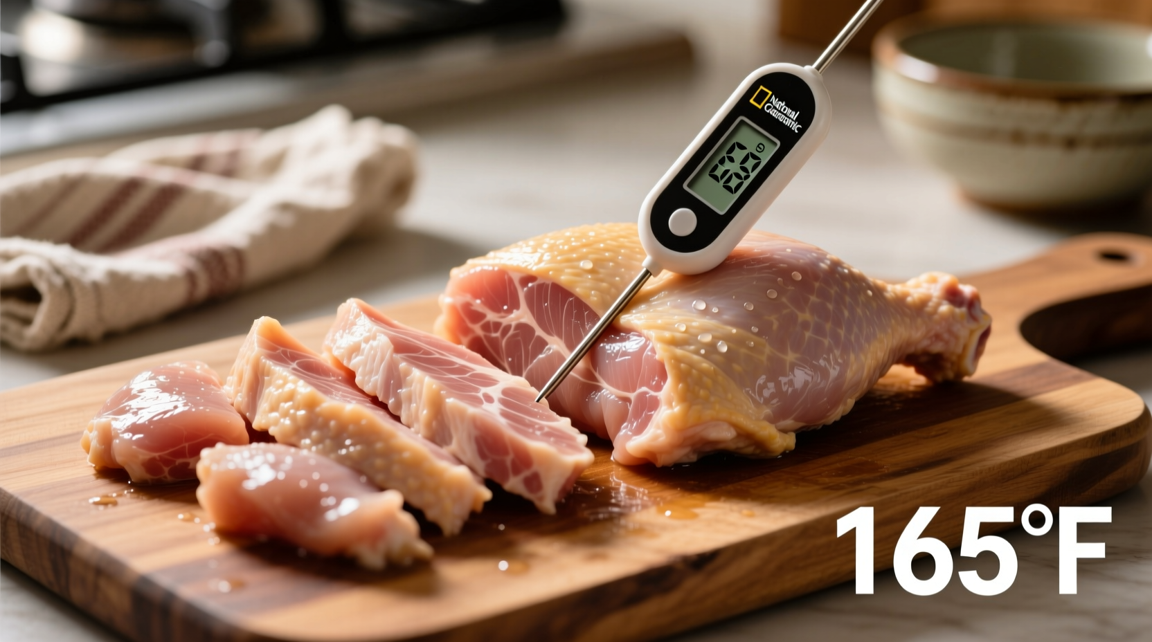 Fresh chicken pieces on cutting board with thermometer