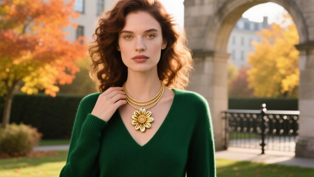 Woman wearing layered gold chrysanthemum pendant necklace over deep emerald green V-neck sweater, showcasing autumn styling.