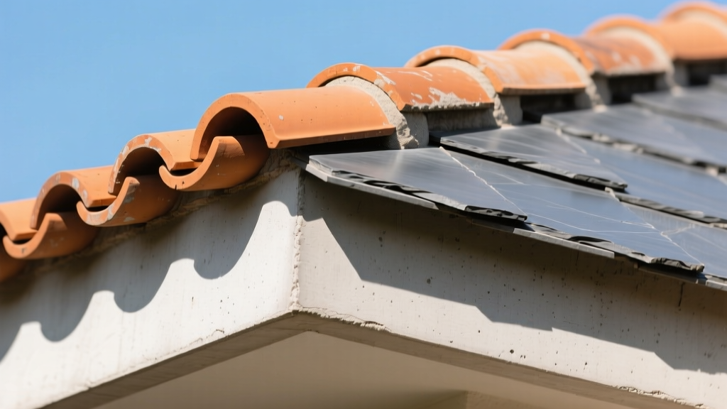 Close-up of a roof transition showing terracotta clay barrel tiles meeting slate-gray flat concrete tiles under bright sunlight
