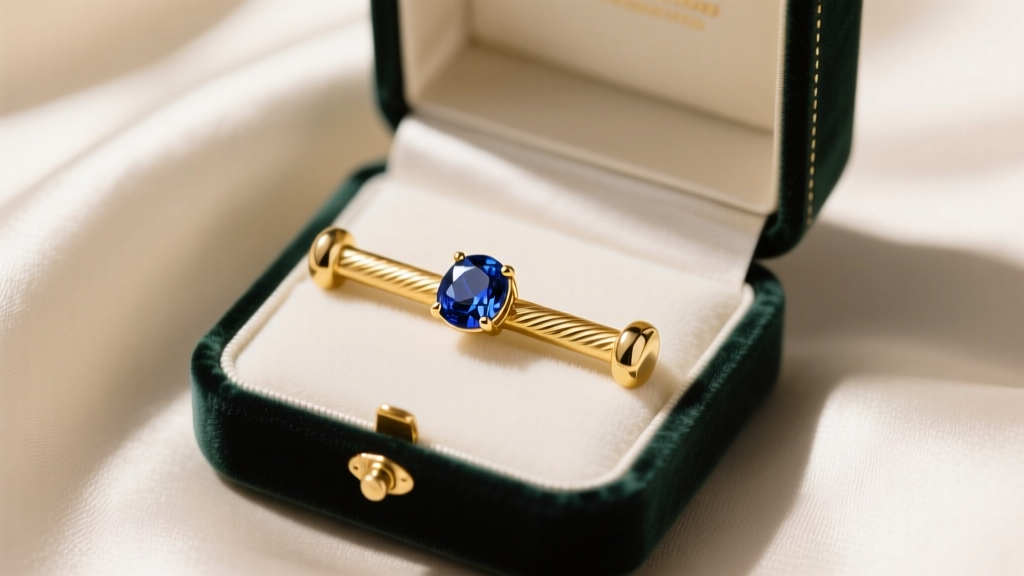 Open velvet box on silk showing a 14k gold surface barbell with bezel-set sapphire, soft romantic lighting, top-down angle