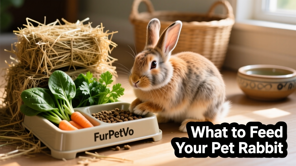Happy rabbit grooming itself beside a tidy setup with hay, fresh greens, and FurPetVo pellet dish