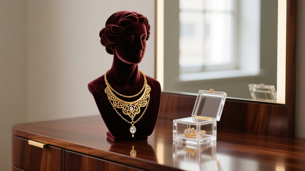 Lit mahogany vanity featuring an archival velvet bust displaying a layered gold pendant necklace beside a small glass jewelry box.