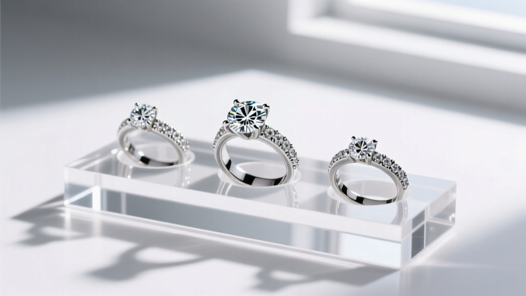 Clear acrylic ring jewelry display stand with individual slots, showcasing a diamond cocktail ring under bright natural daylight